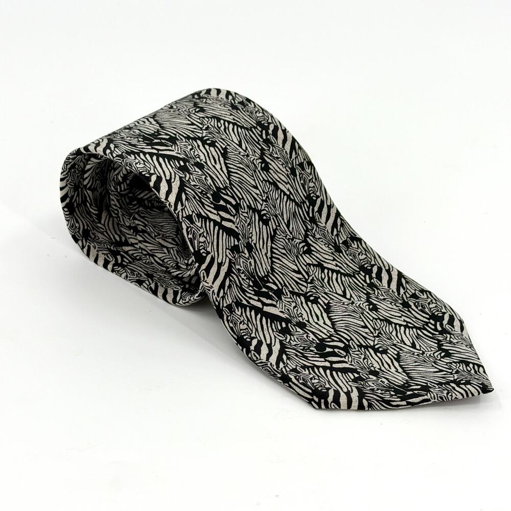 Vintage 90s WWF Black White 100% Silk Zebra Print Necktie Design No. 113